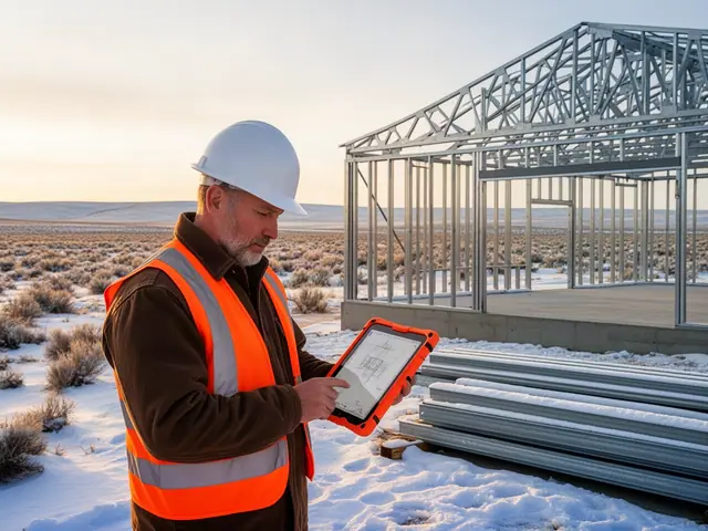 Man in white hard hat and orange hi-vis vest taps a tablet showing a floor plan beside a steel-framed building in snowy sagebrush prairie