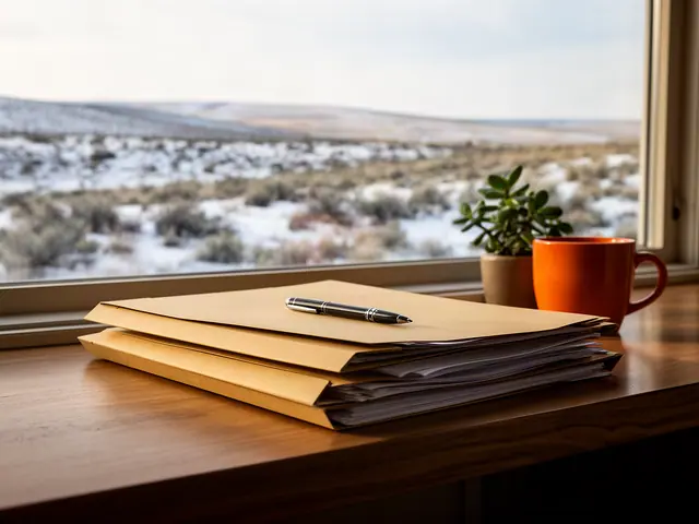Stack of closed kraft file folders with a plain pen on a wooden desk beside a window onto snowy prairie
