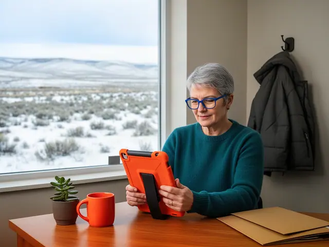 Grey-haired woman in blue glasses using an orange-cased tablet at a desk, snowy sagebrush prairie through window