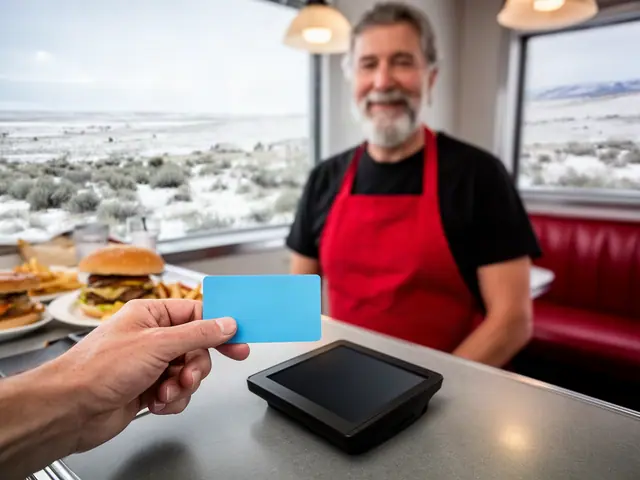 Business owner in red apron smiles behind a diner counter while a customer hand holds a plain blue card above a card terminal