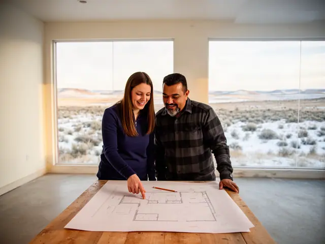 Two business partners, a woman and a man, smile while looking at a house floor plan spread on a wooden table