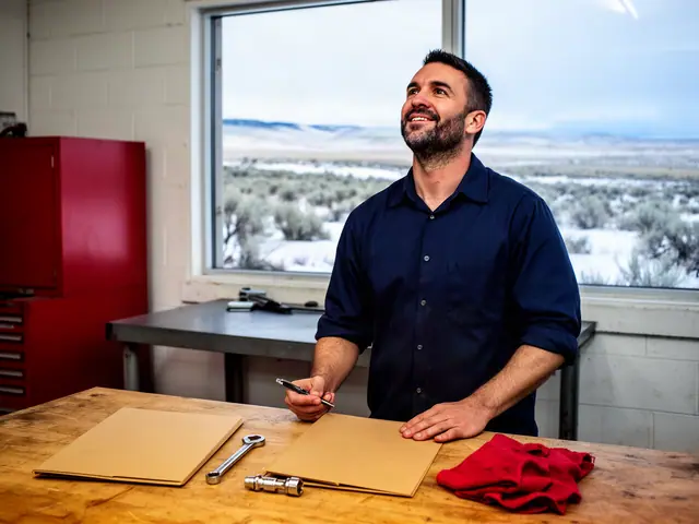 Smiling man in a navy work shirt at a shop workbench with folders, a wrench and a pen, snowy prairie outside